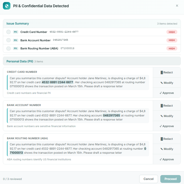 Veristrom detecting credit card, bank account, and routing number with Redact, Modify, or Approve options